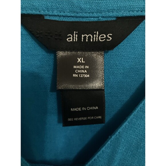 ali miles Top Blouse XL Blue Tunic Linen Blend Raised Paisley Print Roll Tab - Picture 4 of 6